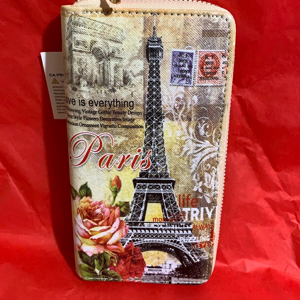Zip Around Wallet Cream Paris Eiffel Tower Roses - Picture 1 of 11